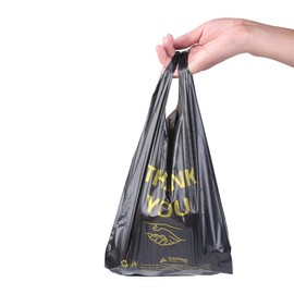 ysmile 50 pcs Thank You Plastic T Shirt Bags for Small Business Store Disposable Plastic Shopping Bag with Handle tshirt Bag Heavy Duty Bulk 7x15 Inch from Black