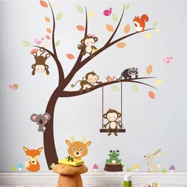 KELAI & craft art decor Beautiful Tree Animal Wall Decals, Removable Cartoon Animal Monkey Owls Bear Deer Wall Stickers for Kids Room Children's Bedroom Home Decoration (#1)