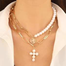 Gold Pearl Cross Necklace 18K Gold Plated Paper Clips Chain Chunky Statement Necklace Metal Coin Portrait Cross Necklace Layering Necklace Jewelry for Women