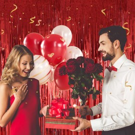 YUKL Red Streamers Party Decorations 2Pack Red Birthday Decorations Tinsel Foil Fringe Backdrop Curtain for Valentines Day Carnival Birthday Wedding Engagement Bachelorette Christmas Party Decorations