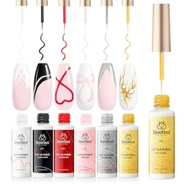 Conjunto de Pintura de Uñas Gel Beetles - 6 Colores Populares Negro Blanco Rojo - Lápiz de Gel delgado para Nail Art - Incluye Brillo Dorado Plateado 