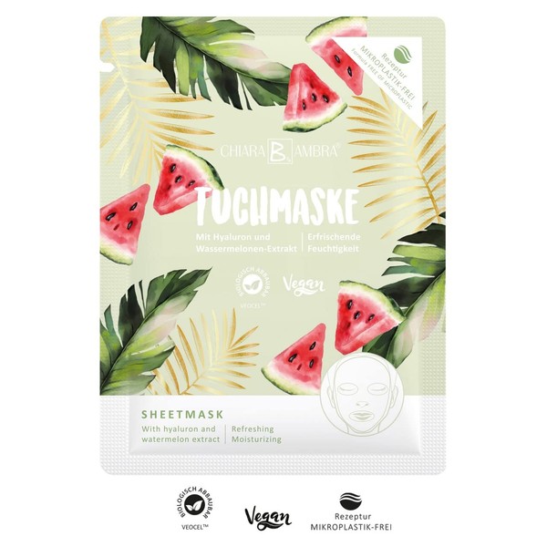 CHIARA AMBRA® Cloth mask with watermelon extract, hyaluronic and vitamin C, intensive moisturiser, for a natural glow and fresh complexion, vegan, microplastic-free, 25 ml