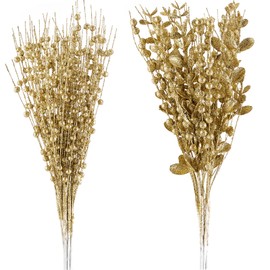 CristBest 24-Pack Christmas Tree Picks Ornaments, Artificial Glitter Berry Stem Glittery Twigs Ornaments for Christmas Tree Decorations, Small Vase, Holiday, Wedding, Party Decorations (Gold)