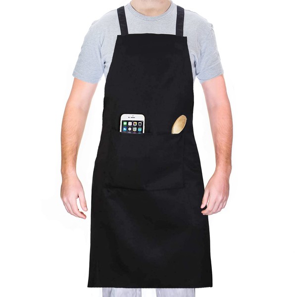 ILLUVA Waterproof Cooking Apron with Pockets, Black Kitchen Apron BBQ