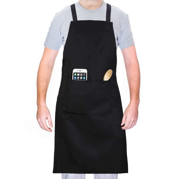 ILLUVA Waterproof Cooking Apron with Pockets, Black Kitchen Apron BBQ Apron for Men Women