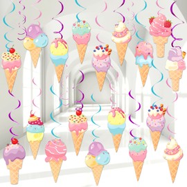 Chunnin 58Pcs Ice Cream Party Hanging Swirls Ice Cream Birthday Party Decoration Summer Ice Cream Theme Ceiling Streamers Colorful Swirl Dessert Cone Streamers for Summer Holidays Baby Shower Supplies