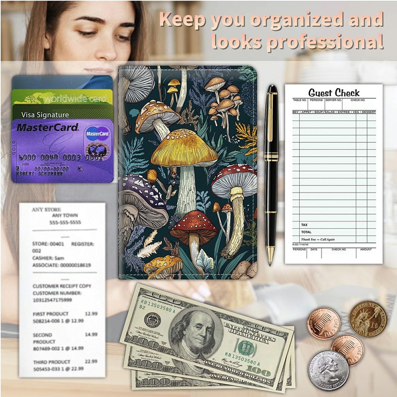 Server Books for Waitress Waiter with Zipper Pocket, Autumn Mushrooms