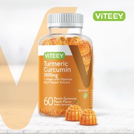 Viteey Turmeric Gummies with Turmeric Curcumin 2000mg, Ginger & Black Pepper Extract - Immune Support, Healthy Skin, and Joint Health - Vegan, Gelatin Free, GMO Free - Tasty Chewable Peach Flavored