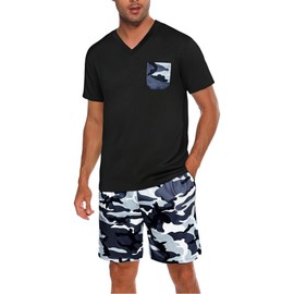 Marvmys Men's Short Cotton Summer Pyjamas Men's Two Piece V-Neck T-Shirt with Chest Pocket and Camouflage Shorts S-3XL, gray, L