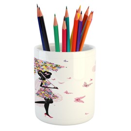 Ambesonne Feminine Pencil Pen Holder, Girl with Floral Umbrella and Dress Walking with Butterflies Inspirational Art, Printed Ceramic Pencil Pen Holder for Desk Office Accessory, Black and Pink