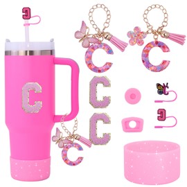 Liangang Cup Accessories Set, 9 Pieces, Compatible with 30-40 oz Cups, Pink, Includes Straw Cover, Boot, Stopper, Handle Charms (C)