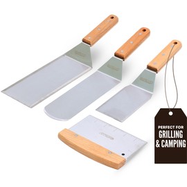 Premium Stainless Steel Metal Spatula Set – Teppanyaki Griddle Spatula Set w/Full Tang Handle & Beveled Edges | Flat Spatula, Grill Spatula, Burger Turner, & Scraper for Cast Iron BBQ Flat Top Grills