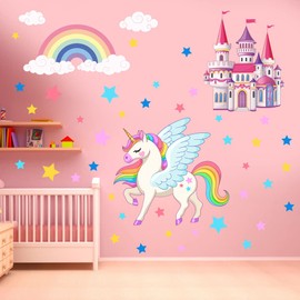 Unicorn Castle Wall Stickers Rainbow Star Wall Decals for Girls Room Nursery Kids Bedroom Décor
