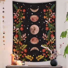Lifeel Moonlit Garden Tapestry, Moon Phase Surrounded by Vines and Flowers Black Wall Decor Tapestry 44×60 inches