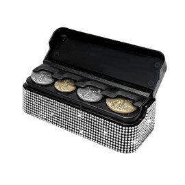 DXNQ Bling Coin Holder for Car, Sparkling Rhinestone Vehicle Coin Oraganizer with 4 Compartments, Portable Crystal Car Storage Coin Money Dispenser, Car Coin Change Organizer Accessory (White)