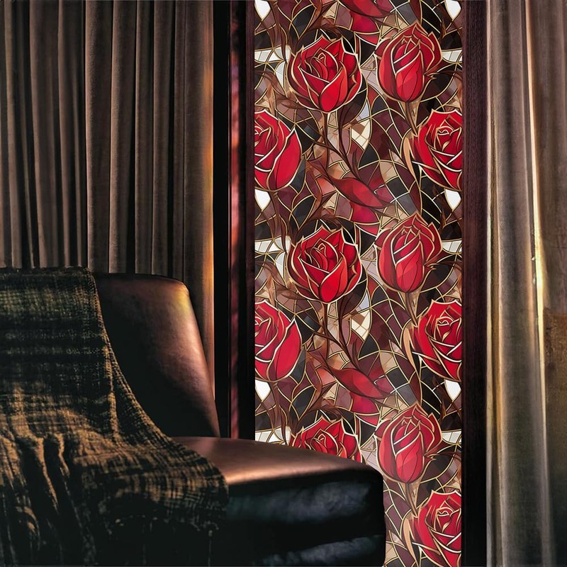 Modern Gold Red Rose Flowers Stained Glass Window Films Decorative