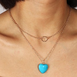 Cimenexe Bohemian Heart Turquoise Pendant Necklace Gold Layered Circle Choker Necklace Love Heart Turquoise Necklace Hollow Geometric Chain Necklace Jewellery for Women and Girls Gifts