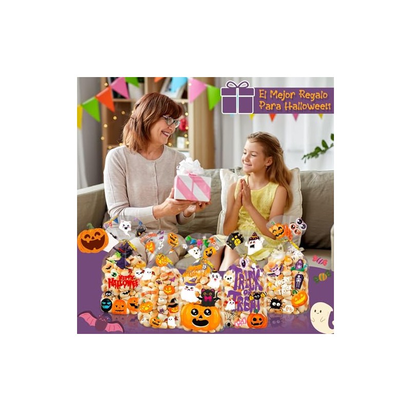 Yakiter 100Pcs Bolsas de Celofán para Halloween,Embalaje Bolsa de Halloween,5