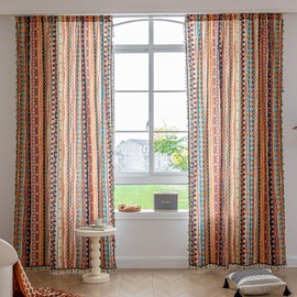 Erbnaryx Boho Curtains Geometric Light Filtering Semi-Blackout Window Curtains 96 Inches Long Rod Pocket Drapes for Living Room 2 Panels-Vintage Red