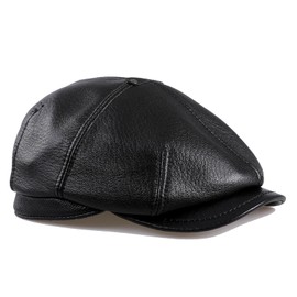 BOONJOVIA Men's Genuine Leather Newsboy Flat Cap Gatsby Ivy Golf Cabbie Driving Hat (US, Alpha, Large, Black)