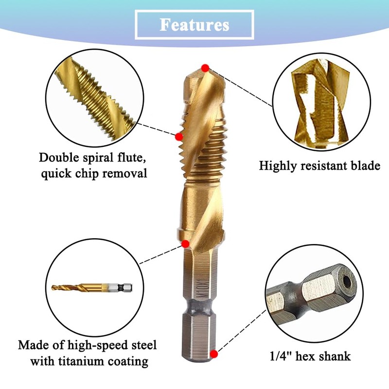 Teocpai 6pcs HSS Combination Drill and Tap Set 1/4 Inch