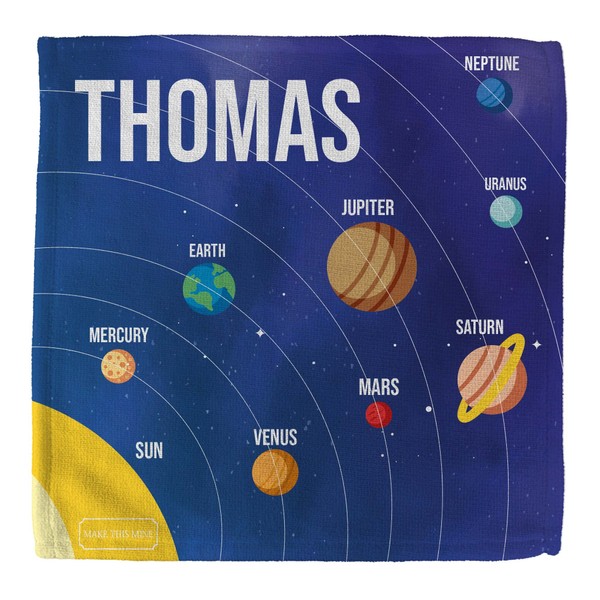 MakeThisMine Personalised Children’s Kids Educational Custom Name Bath Face Cloth Flannel - 30 x 30 cm - Planets Solar System