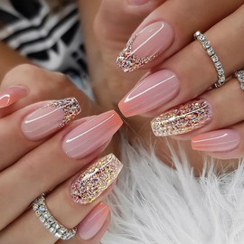 AkiliBIELY Coffin Press on Nails French Tip Short Medium Pink Ombre Gold Glitter Fake Nails Women Fantasy Glue on Nails Acrylic Gel Stick on Nails Classy False Nails Wedding Birthday