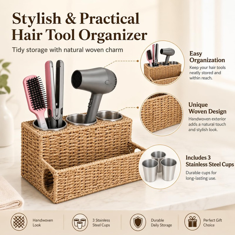Hair Tool Organizer Countertop with 3 Stainless Steel Cups, Woven