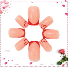 Handcess Heart Artificial Nails Pink Valentine's Day Press On Nail French Fake Nail Love Short Nail for Women and Girls 24 Pieces