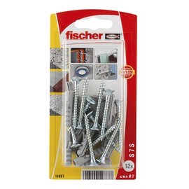 fischer | Kit de 12 Taquetes S de Nylon 7 mm Con 12 Tornillos, Para Concreto y Ladrillo Macizo