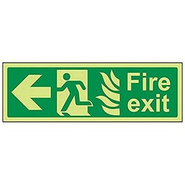 V Safety Glow In The Dark NHS Fire Exit Arrow Left Sign - 300mm x 100mm - Rigid Plastic