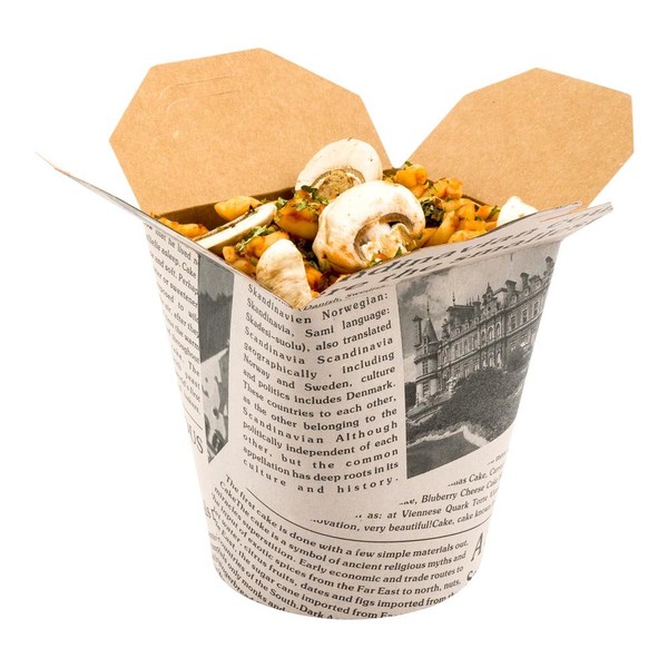 Disposable Noodle Take Out Container, Noodle To Go Box - Eco-Friendly Paper - Round - 32 oz - Newsprint with Kraft Interior - 200ct Box - Restaurantware
