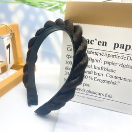 Denlydom Braided Headband Synthetic Hair Plaited Headband With Teeth Braid Messy Hair Hoop Wig Hairband Beauty accessory Stretch Braid Headbands Hairpiece for Women (Black Brown, 2 Strands)