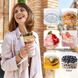 Icesip 24oz Drinking Glasses Cups Set of 2 Leak Proof Iced Coffee Glass Tumbler with Lid Straw Glassware for Juice Coffee Smoothie Boba Tea(Gray & Amber)