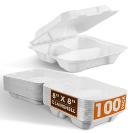 Cheer Collection 8x8 Compostable Takeout Containers (100 pack) - Eco Friendly Microwavable Clamshell Containers | Biodegradable Food Containers for Hot Or Cold Food, Party & Event - White