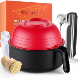 MEACOLIA Large Ramen Bowl Set, Microwave Noodle Pasta Cooker with Lid and Strainer, Stainless Steel Travel Utensils, College Dorm Room Essentials for Girls Guys (Red)