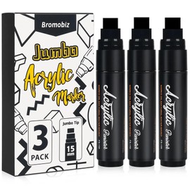 Bromobiz 3pcs Black Jumbo Poster Markers, 15mm Wide Thick Felt Tip, Large Acrylic Paint Markers for Painting on Wood, Rocks, Wall, Plastic and Metal, Perfect for Artists, Craft and DIY Projects