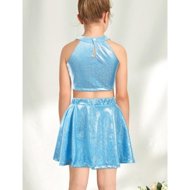 Happy Cherry Girls Metallic Sequin Dance Outfits Crop Tank Top with Skirt Set Hip Hop Latin Jazz Dance Performance Costume Blue 4-5T