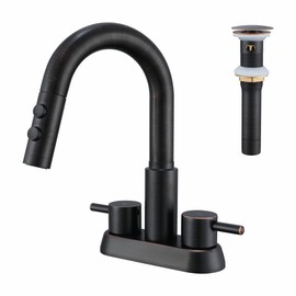 Kablle Bathroom Sink Faucet with Pull Down Sprayer 3 Holes, Oil Rubbed Bronze 4 inch 2 Handles Centerset Laundry Bar Basin Pull Out Faucet with Pop-Up Drain, KBL-MP-6002ORB-CL