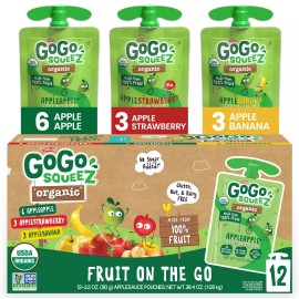 GoGo squeeZ Organic Fruit Snacks Pack of 12 Squeeze Pouches for Kids 3.2 oz