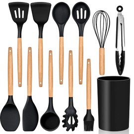 Kitchen Utensils Set of 12, E-far Silicone Cooking Utensils with Holder, Non-stick Cookware Friendly & Heat Resistant, Includes Spatula Tong Whisk Ladle Brush Slotted Turner Spoon(Black)