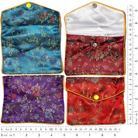 AnsonsImages 6pcs Chinese Silk Jewelry Pouches Mix Colors Red Turquoise Blue Black Gold 4.75x4 Inches