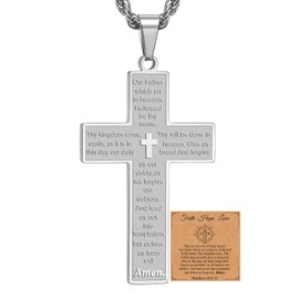 HSWYFCJY Bible Verse Cross Necklace for Men,Christian Cross Necklace for Boys,Matthew 6 9-13 Silver Cross Pendant Necklace Baptism Confirmation First Holy Communion Christening Gift Father's Day Gifts