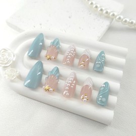 French Tip Press on Nails Almond Medium Fake Nails with Pearls Gold Star Designs Blue White French Acrylic Nails Press ons Blue Full Cover Glue Stick on Nails for Women Girls 24 Pcs