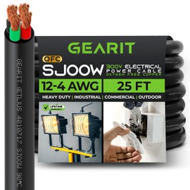 GearIT 12/4 12 AWG Portable Power Cable (25 Feet - 4 Conductor) SJOOW 300V 12 Gauge Electric Wire for Motor Leads, Portable Lights, Battery Chargers, Stage Lights and Machinery -25ft Electrical Cord