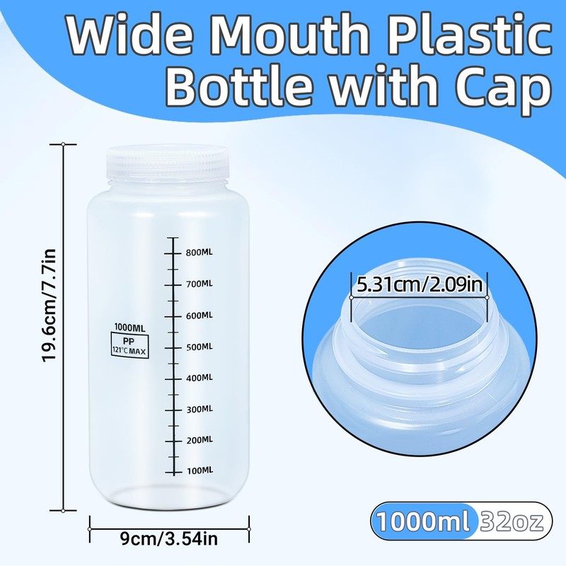 DEMORA Plastic Bottles with Airtight Caps 32oz/1000ml, Food Grade Wide