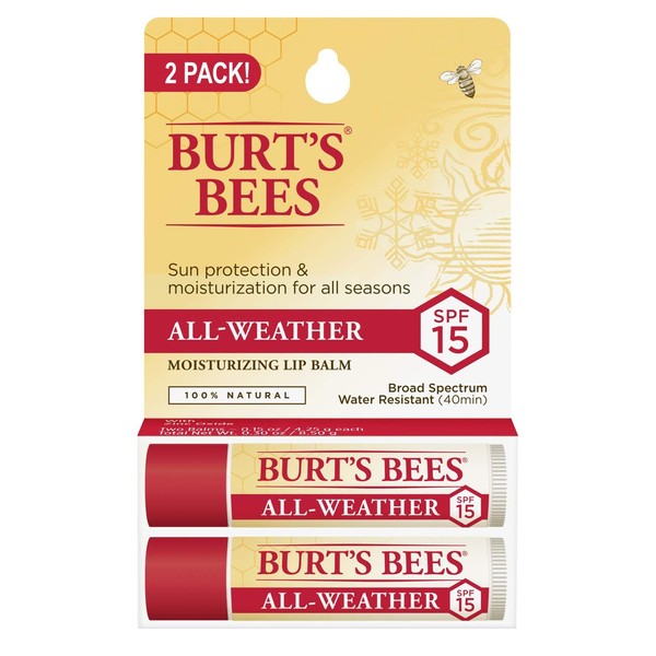 Burt's Bees 100% Natural All-Weather SPF15 Moisturizing Lip Balm, Water Resistant - 2 Tubes