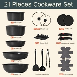 Pots and Pans Set Non Stick 21 PCs, Stackable Cookware Sets with Detachable Handle, Granite Induction RV Kitchen Portable Cooking Set Removable Handles, Dishwasher ＆ Oven Safe, Black