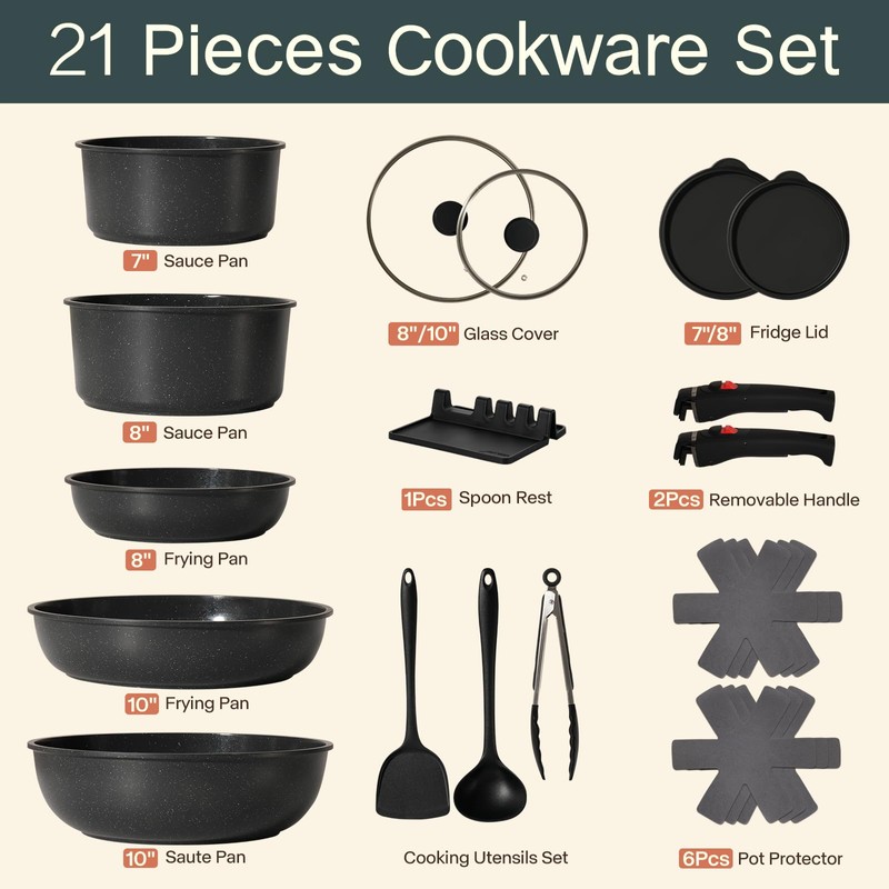 Pots and Pans Set Non Stick 21 PCs, Stackable Cookware