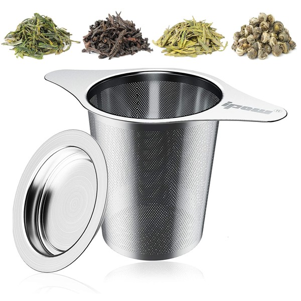 Ipow Tea Infuser 304 Stainless Steel Extra Fine Strainer Steeper with Lid and Two Handles for Loose Leaf Grain Tea Cups, Mugs, and Pots